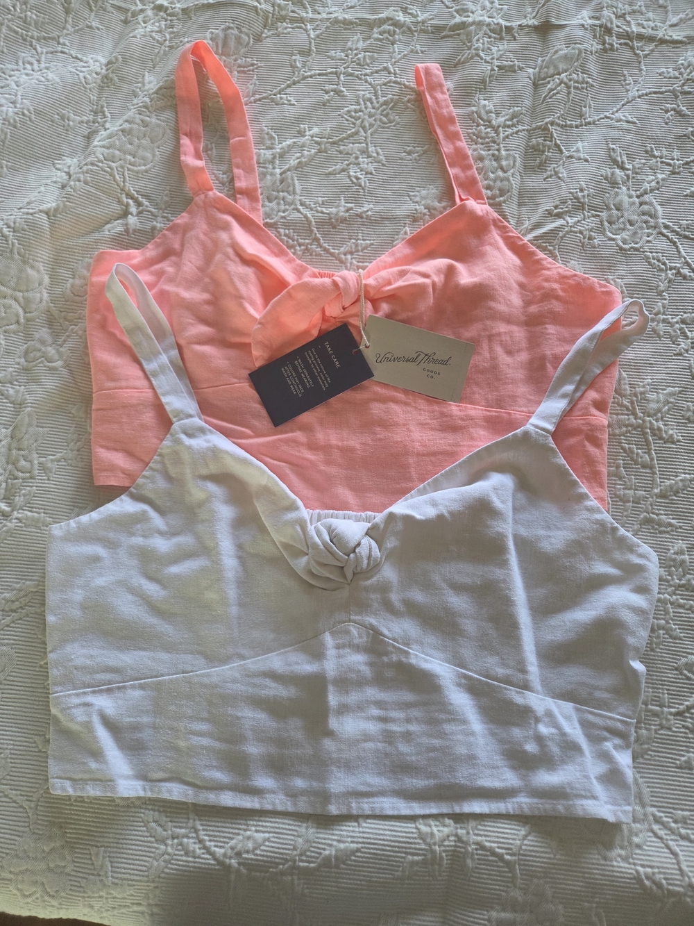 Universal Thread | (2)  Coral & White Knot-Front Crop Cami Duo